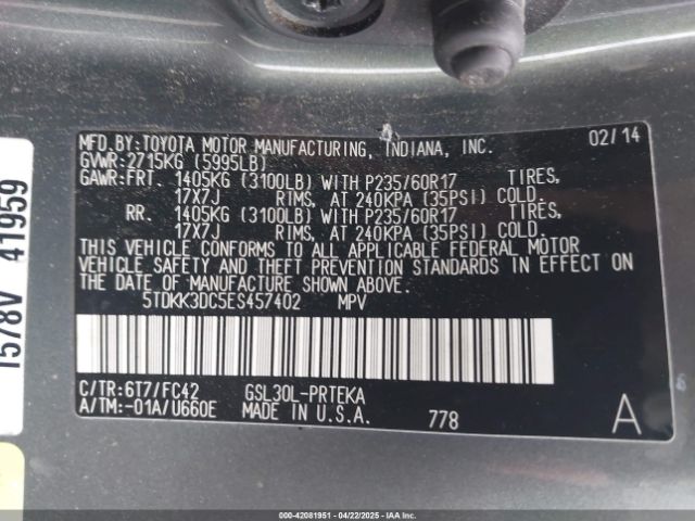 5TDKK3DC5ES457402 Toyota Sienna Le V6 8 Passenger