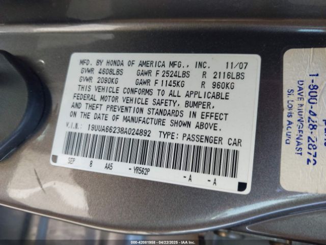 2008 ACURA TL 19UUA66238A024892 Photo 8