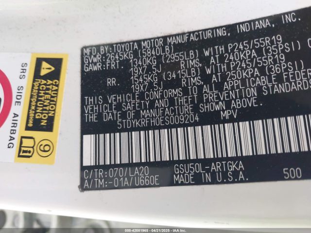 5TDYKRFH0ES009204 Toyota Highlander Limited V6