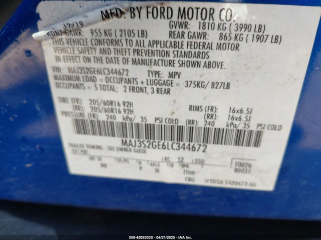 MAJ3S2GE6LC344672 Ford Ecosport Se