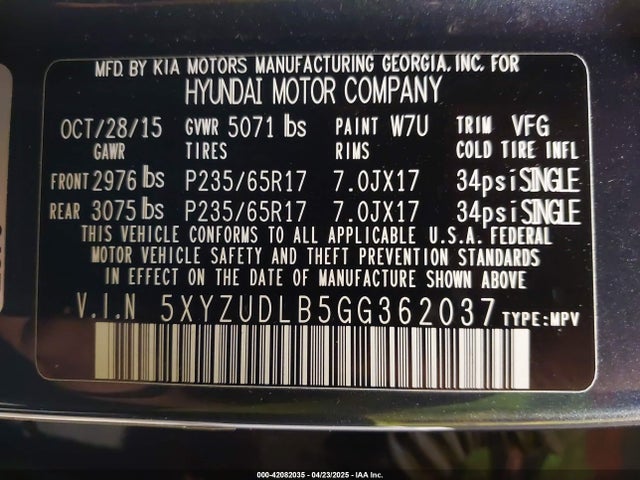 5XYZUDLB5GG362037 Hyundai Santa Fe Sport 2.4l