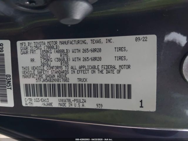 5TFJA5AB2NX017802 Toyota Tundra Limited