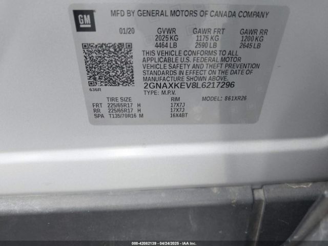 2GNAXKEV8L6217296 Chevrolet Equinox Fwd Lt 1.5l Turbo