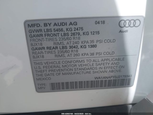 WA1ANAFY0J2179343 Audi Q5 2.0t Premium/2.0t Tech Premium