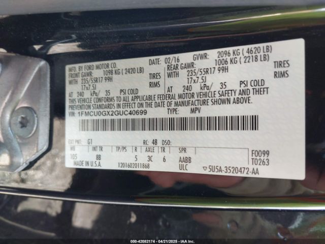 1FMCU0GX2GUC40699 Ford ESCAPE SE