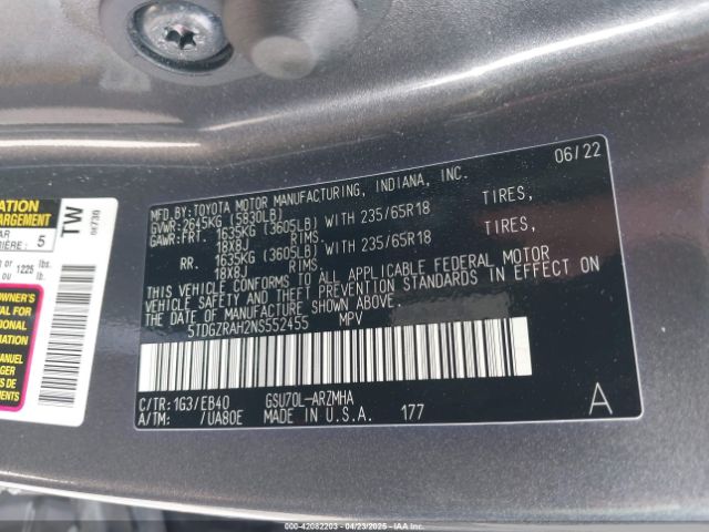 5TDGZRAH2NS552455 Toyota 2gr-fks