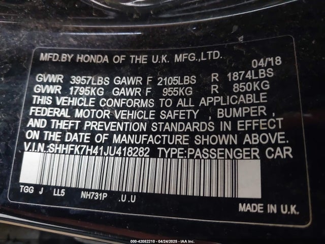 SHHFK7H41JU418282 Honda Civic Sport