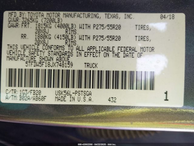 5TFDW5F18JX748159 Toyota Tundra Sr5 5.7l V8