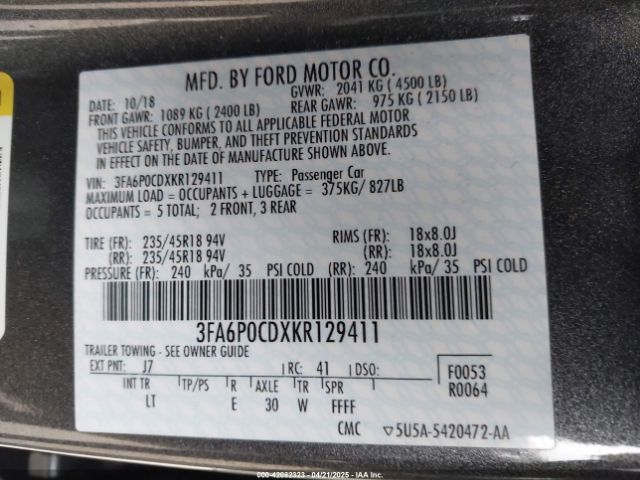 3FA6P0CDXKR129411 Ford FUSION SEL