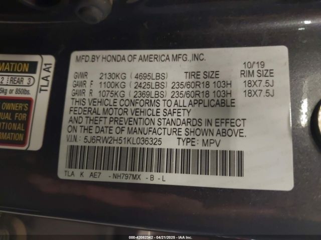 5J6RW2H51KL036325 Honda CR-V EX