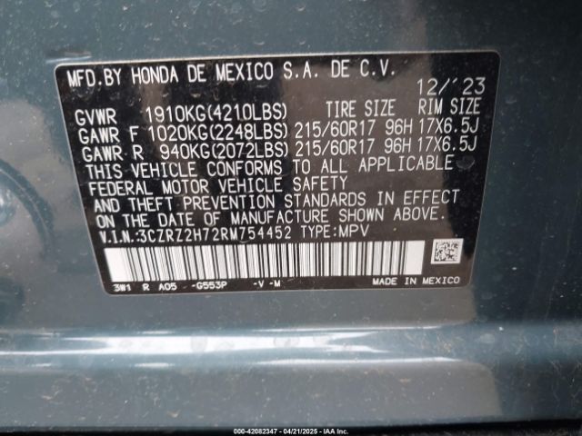 3CZRZ2H72RM754452 Honda Hr-v Awd Ex-l/awd Ex-l W/o Bsi