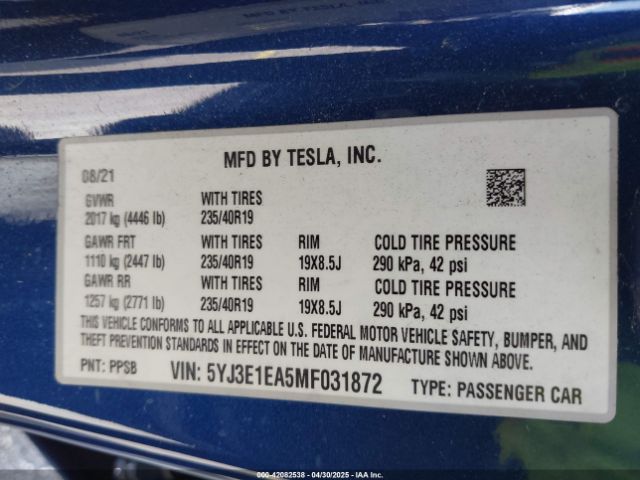 2021 TESLA MODEL 3 5YJ3E1EA5MF031872 Photo 8
