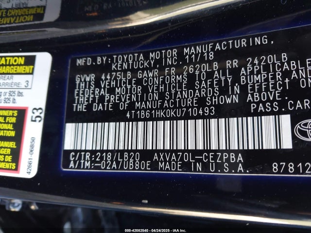 4T1B61HK0KU710493 Toyota CAMRY XSE