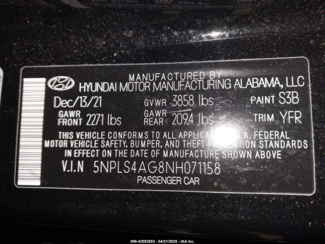 5NPLS4AG8NH071158 Hyundai ELANTRA SEL