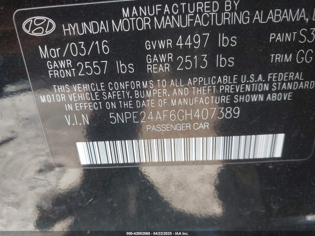 5NPE24AF6GH407389 Hyundai SONATA SE
