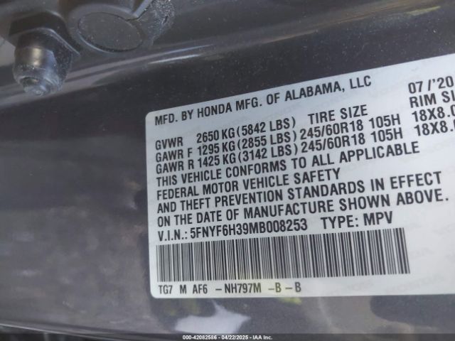 5FNYF6H39MB008253 Honda Pilot Awd Ex