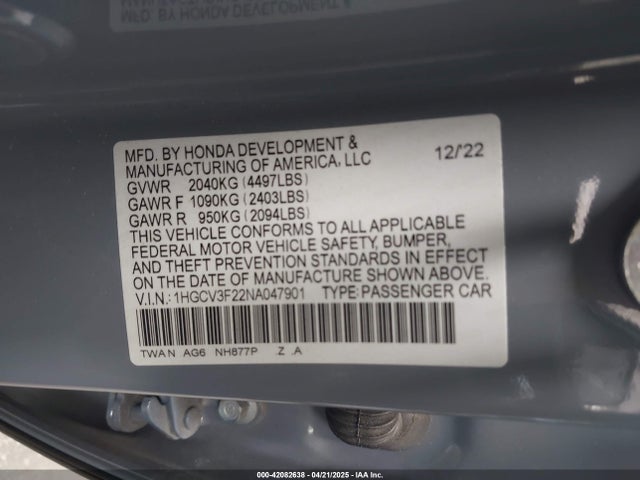 1HGCV3F22NA047901 Honda Accord Hybrid Sport