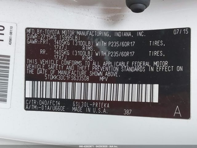 5TDKK3DC1FS633508 Toyota Sienna Le 8 Passenger