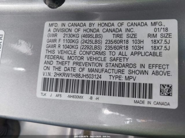2HKRW1H88JH503124 Honda Cr-v Ex-l/ex-l Navi