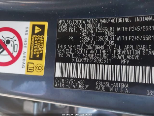 5TDDKRFH6FS092511 Toyota Highlander Limited V6