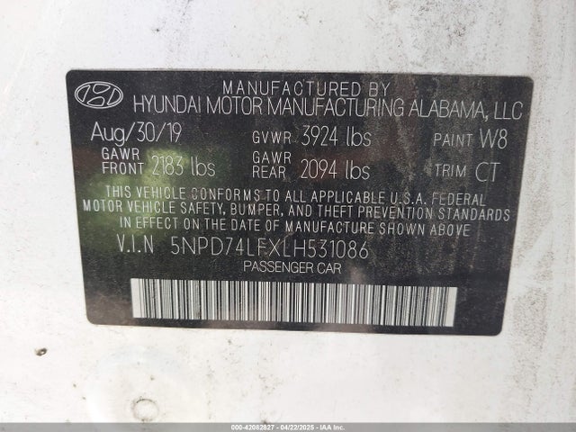 5NPD74LFXLH531086 Hyundai ELANTRA SE