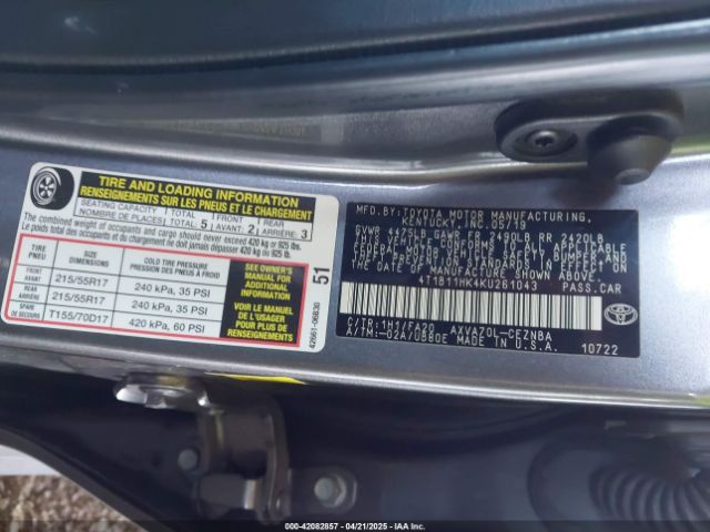 2019 TOYOTA CAMRY 4T1B11HK4KU261043 Photo 8
