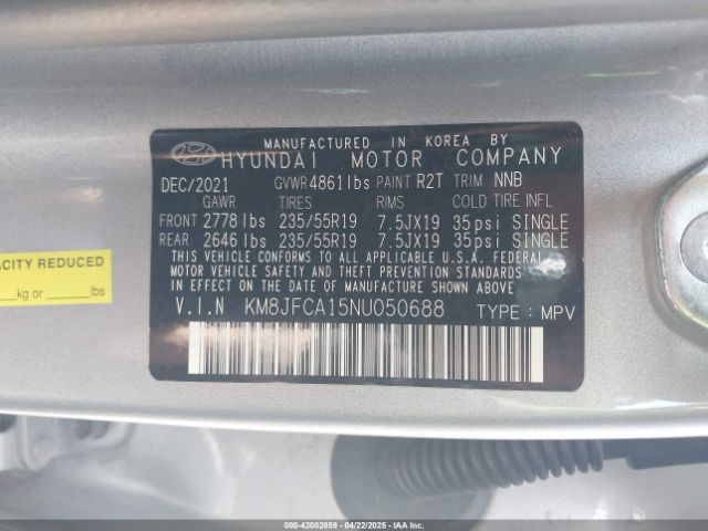 KM8JFCA15NU050688 Hyundai Tucson Hybrid Sel Convenience