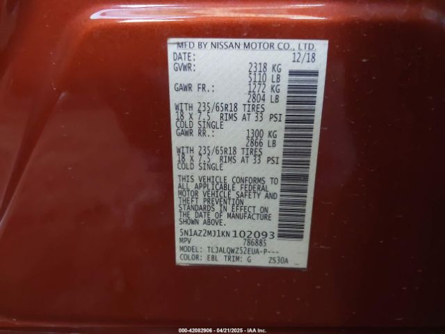 5N1AZ2MJ1KN102093 Nissan MURANO SV