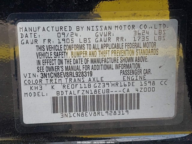3N1CN8EV8RL928319 Nissan Versa 1.6 Sv