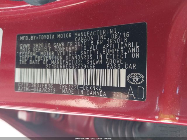 2T1BURHE5GC729466 Toyota COROLLA LE