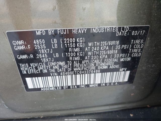 4S4BSETC6H3376486 Subaru Outback 3.6r Touring