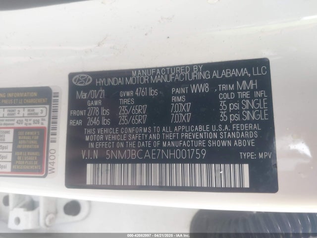 5NMJBCAE7NH001759 Hyundai TUCSON SEL