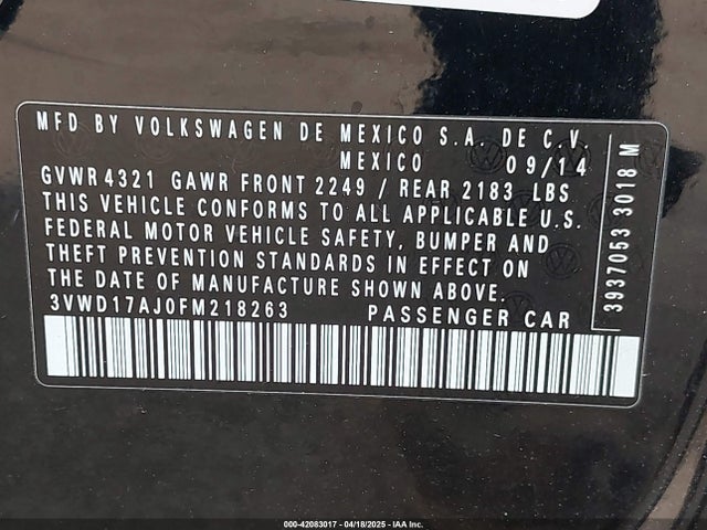 3VWD17AJ0FM218263 Volkswagen Jetta 1.8t Se