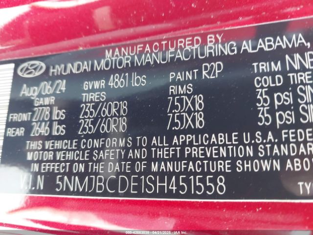5NMJBCDE1SH451558 Hyundai gdi theta iii