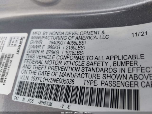 2022 HONDA CIVIC 19XFL1H75NE005038 Photo 8