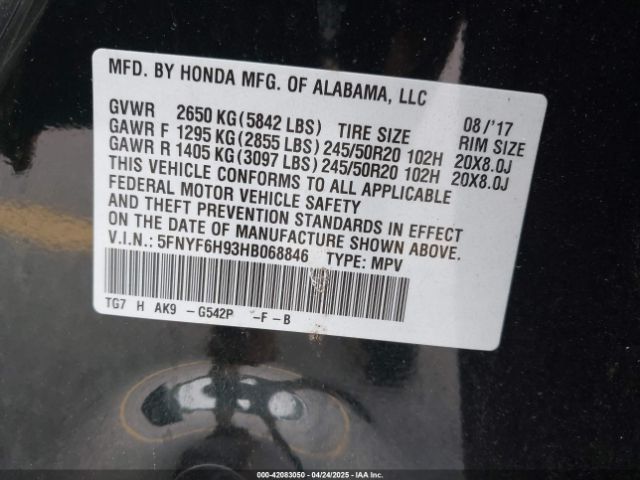 5FNYF6H93HB068846 Honda Pilot Touring