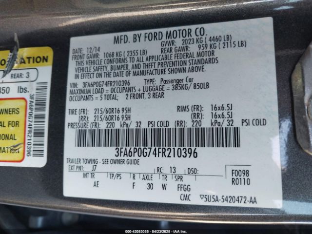 3FA6P0G74FR210396 Ford FUSION S