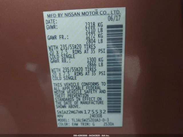 5N1AZ2MG7HN175532 Nissan Murano Platinum