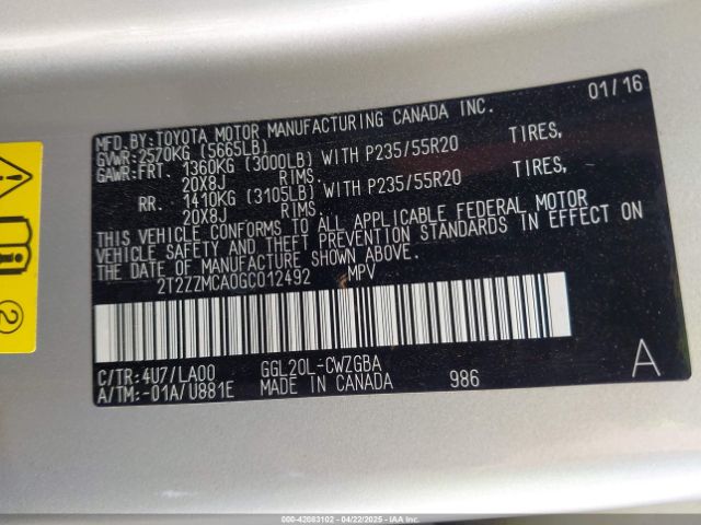 2T2ZZMCA0GC012492 Lexus RX 350