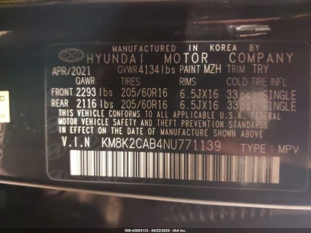 KM8K2CAB4NU771139 Hyundai Kona Se