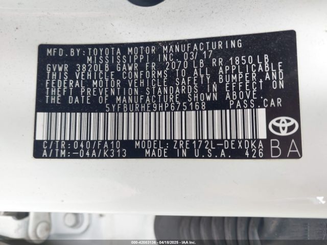 5YFBURHE9HP675168 Toyota Corolla L/le/xle/se/xse