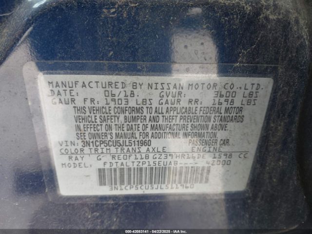 3N1CP5CU5JL511960 Nissan KICKS SR