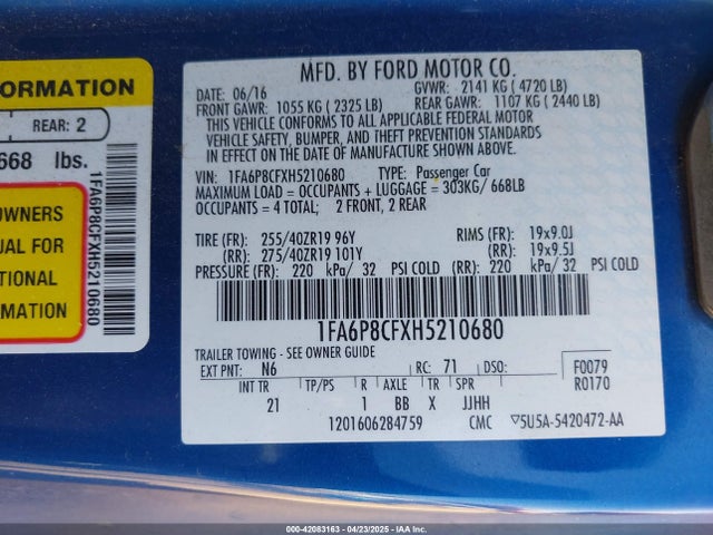 1FA6P8CFXH5210680 Ford 5.0l 4v premium fuel