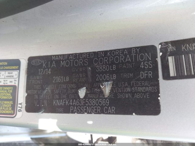 KNAFK4A63F5380569 KIA FORTE LX
