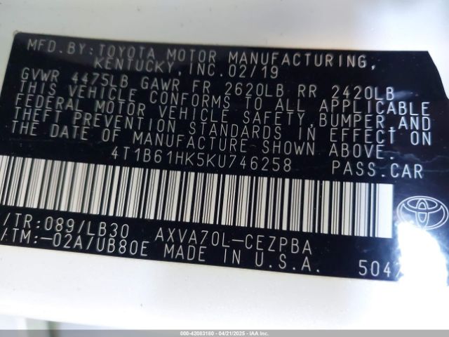 4T1B61HK5KU746258 Toyota CAMRY XSE