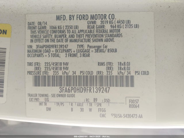 Ford FUSION SE 2015 3FA6P0HD9FR139247 Image 9