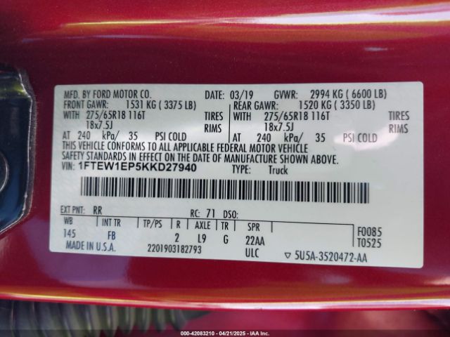 1FTEW1EP5KKD27940 Ford F-150 Xlt