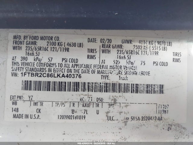 Продажа на аукционе авто 2020 Ford Transit-250, vin: 1FTBR2C86LKA40376, номер лота: 42083214