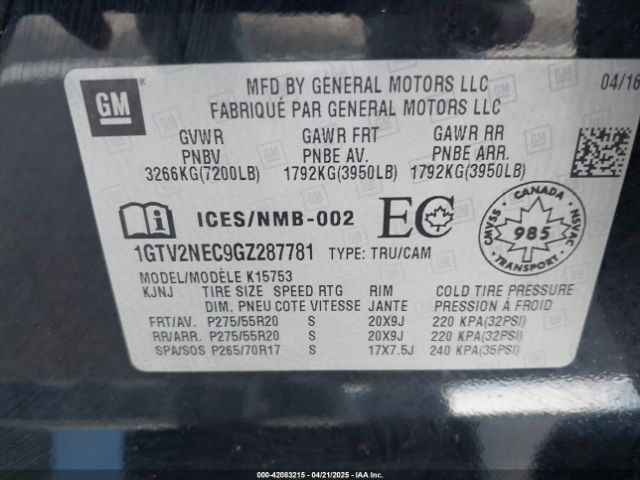 1GTV2NEC9GZ287781 GMC Sierra 1500 Slt