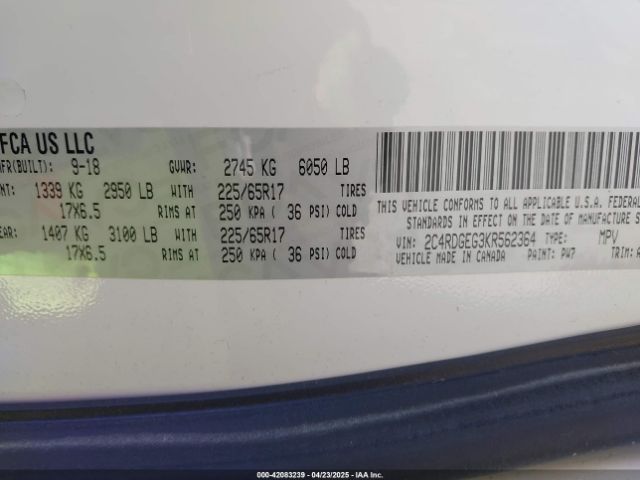 2C4RDGEG3KR562364 Dodge Grand Caravan Gt
